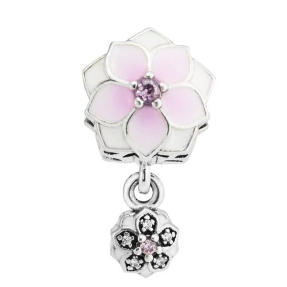 Sterling Silver Magnolia Bloom Charm Dangle with Cubic Zirconias